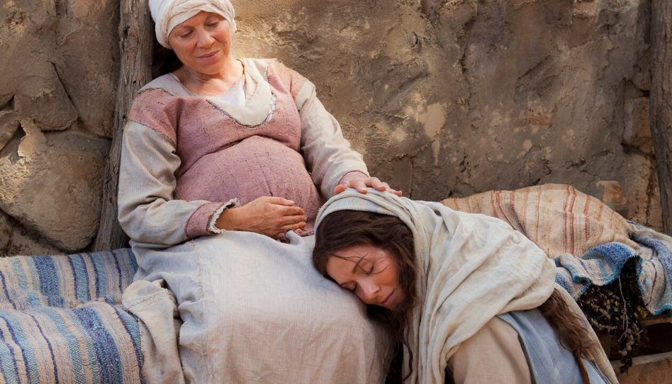 Maria mãe de Jesus com sua prima Isabel grávida de João Batista.