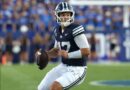 Aug 30, 2025; Provo, Utah, USA; Brigham Young Cougars quarterback Bear Bachmeier (47) looks to pass against the Portland State Vikings during the second quarter at LaVell Edwards Stadium. Mandatory Credit: Rob Gray-Imagn Images