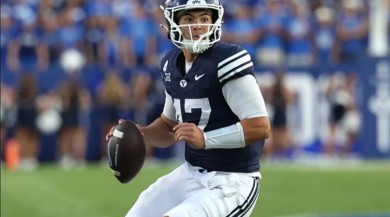 Aug 30, 2025; Provo, Utah, USA; Brigham Young Cougars quarterback Bear Bachmeier (47) looks to pass against the Portland State Vikings during the second quarter at LaVell Edwards Stadium. Mandatory Credit: Rob Gray-Imagn Images